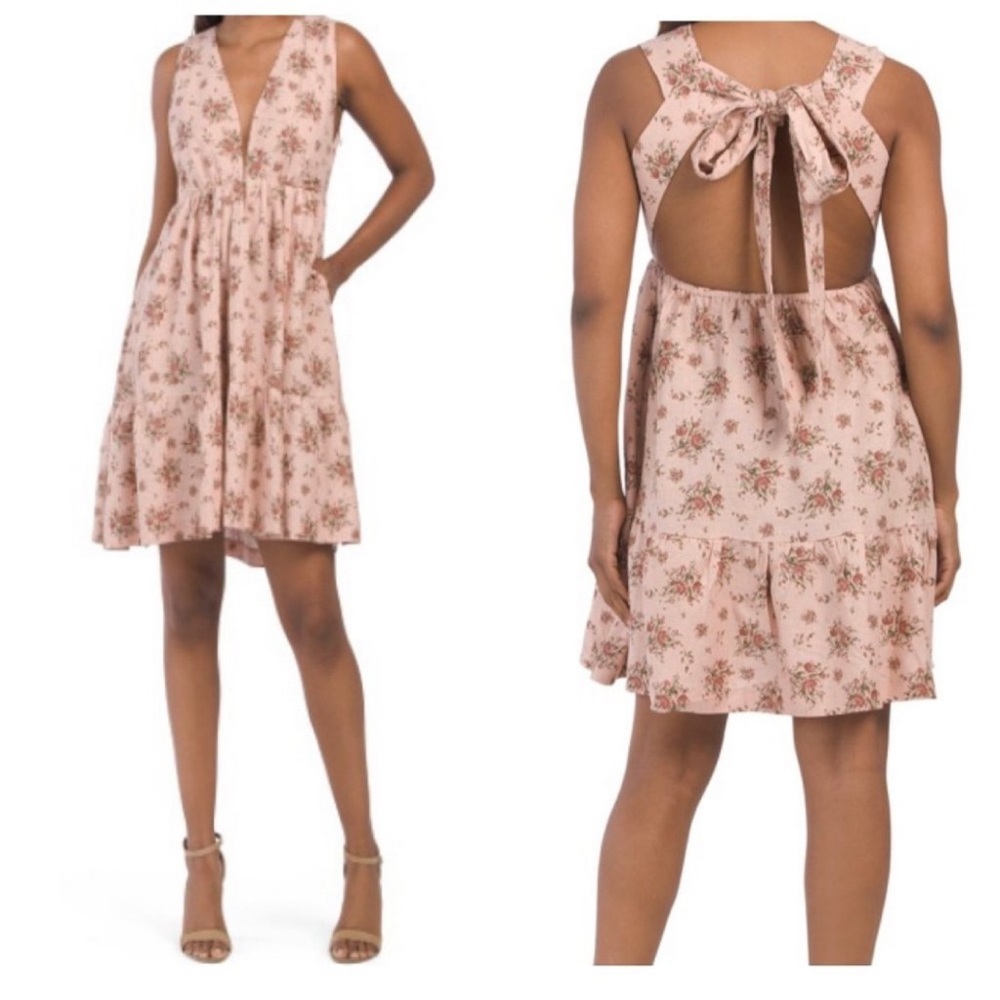 NWT House of Harlow linen blend pink mini summer back tie dress